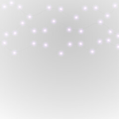 Fototapeta premium Bright purple fairy lights shine with realistic reflections and glowing bulbs. PNG festive illumination is isolated on transparent background. Ideal for Christmas cards and web graphics.