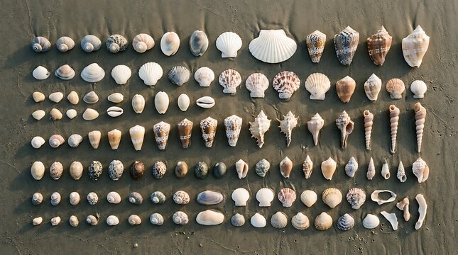 Assorted seashells meticulously arranged on sandy beach surface