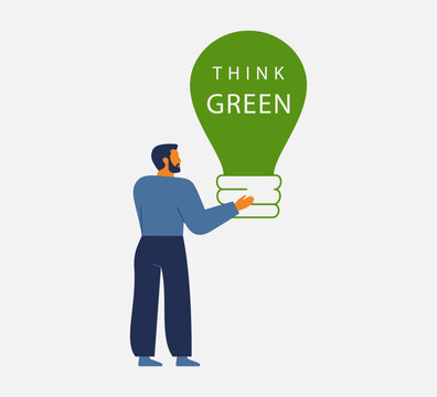 Man holds light bulb with slogan Think Green. Eco business solution, green technology and sustainable  lifestyle concept. vector illustration