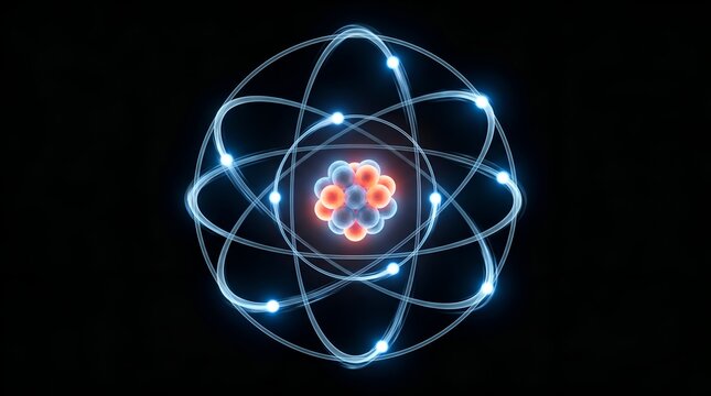 Glowing atomic structure model with orbiting electrons on black background