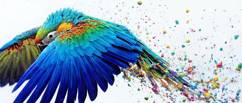 Explosive abstract macaw parrot silhouette formed by vibrant rainbow acrylic paint splashes