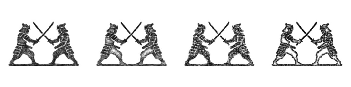 Monochrome sketch samurai duel icon design set