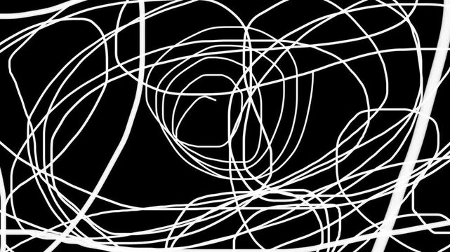 Abstract Chaotic Swirl of White Lines on Black Background - 4K Loop. A mesmerizing, 4K motion background featuring a dense, chaotic tangle of glowing white lines.
