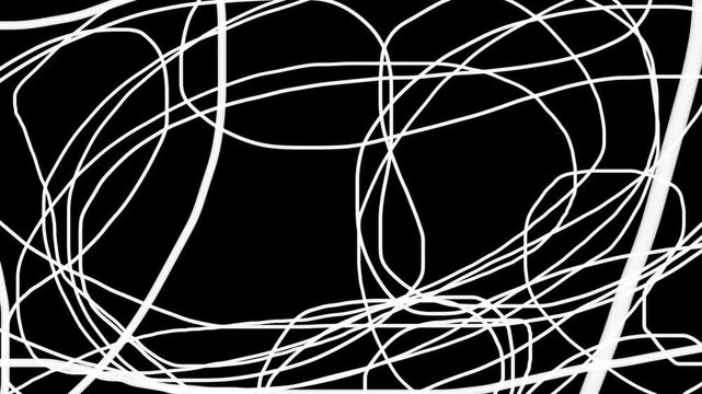 Abstract Chaotic Swirl of White Lines on Black Background - 4K Loop. A mesmerizing, 4K motion background featuring a dense, chaotic tangle of glowing white lines.

