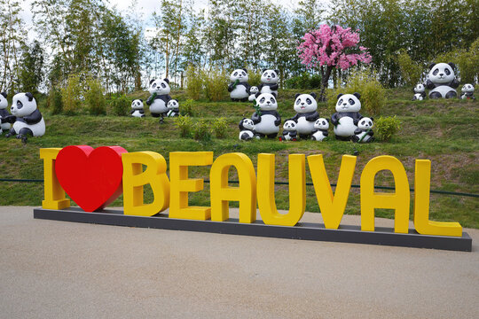 ZOO PARC DE BEAUVAL, FRANCE - MAY 13, 2026: I Love Beauval sign with panda sculptures.