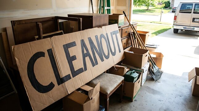 Residential garage cleanout with cardboard boxes tools and handmade sign.