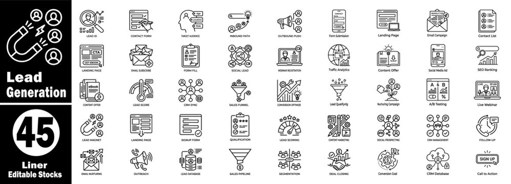 Lead generation liner icon set. Featuring inbound marketing funnel sales strategies and a customer acquisition outline sign.