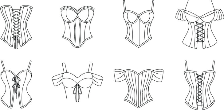 Corset, lingerie, and bodice vector illustrations, fashion design elements, 8 corset styles