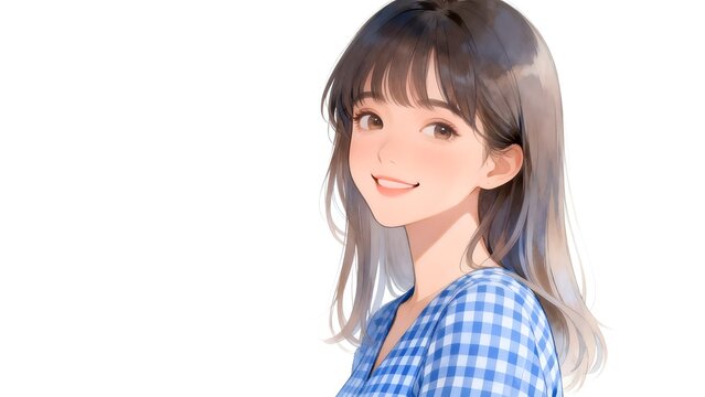 Smiling anime girl with checkered shirt