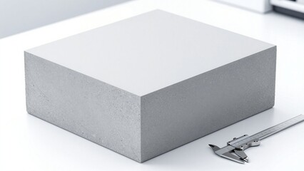 Naklejka premium High quality grey concrete block sample with a metal vernier caliper for precise measurement on white background