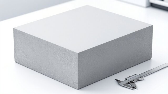 High quality grey concrete block sample with a metal vernier caliper for precise measurement on white background