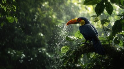 Obraz premium Toucan in rainforest during rain shower; nature wildlife photo