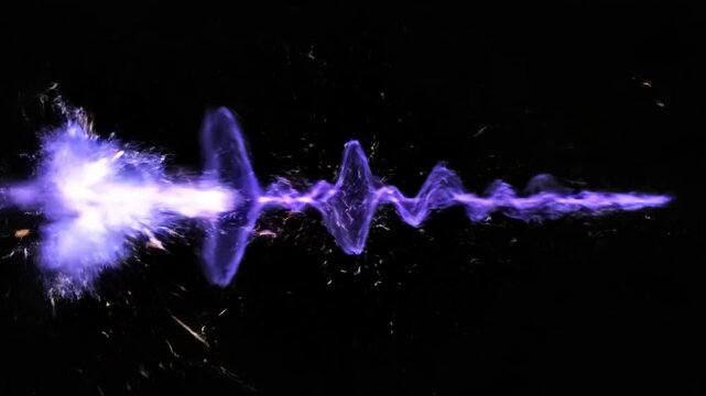 Abstract purple waves pulse and expand against a dark background. Energetic light bursts and particles create a dynamic visual experience.