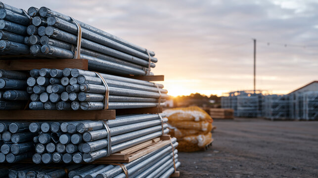galvanized scaffold frames stacked in a yard beside a sunrise sky, symbolic still life of construction materials before installation, tubes and boards, safety netting bundled neatly, organized stagi