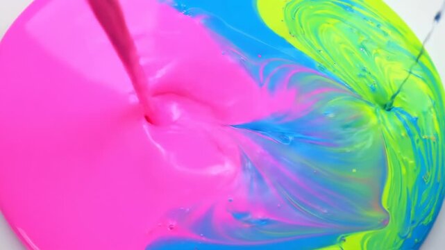Bright neon paints swirl and blend together in a mesmerizing abstract pattern. The vibrant colors create a visually stimulating and energetic composition.