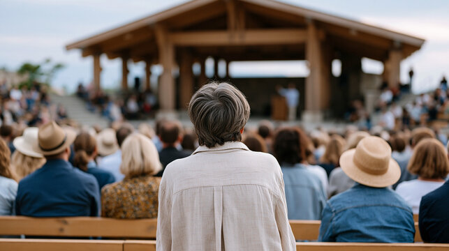 Wide establishing view of an outdoor summer amphitheater half-filled with adults attending a free community lecture on grief, overcast sky pressing low over the audience, a speaker at the podium ges