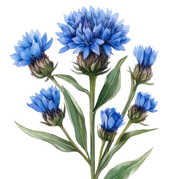 Centaurea Flower, playful watercolor vector painting with subtle shadowing and soft gradients, isolated on a white background.