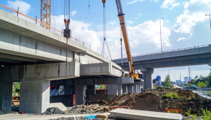 Naklejka premium Construction of elevated highway bridge with crane lifting concrete segment.