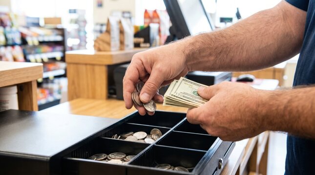 Cashier organizing coins and dollar bills in a cash register drawer at a retail store