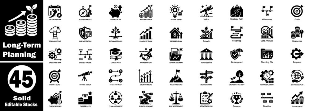 Long-term planning solid icon set. Business strategy growth roadmap, vision, and project management development symbol.