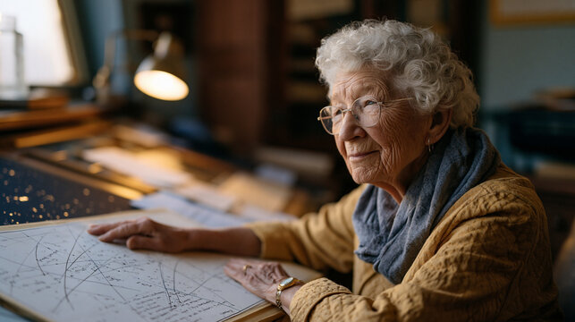 Retired astrophysicist woman in her seventies sits alone at predawn observatory desk surrounded by star charts and handwritten calculations, isolation and quiet purpose etched into her weathered fac