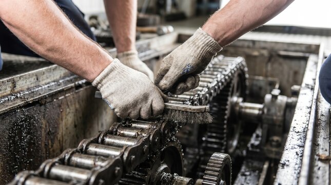 Two mechanics in gloves cleaning a large industrial metal chain with wire brushes