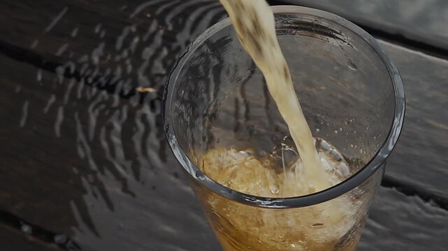Pouring Fresh Craft Beer into Glass on Wet Dark Wood Table
