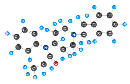 Fentanyl molecule ball and stick model. 3D rendering