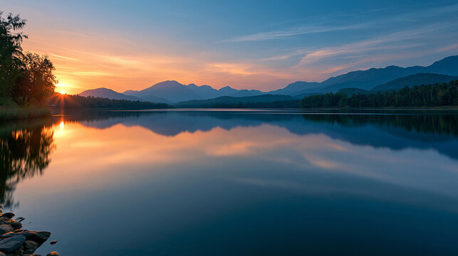 Peaceful lake at sunset with stunning reflection in glassy water surface, tropical golden hour, long exposure shot, mirror effect, warm colors, serene landscape, nature