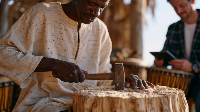 Haitian master drum maker splitting wood with traditional adze in open-air workshop while international music buyer documents sourcing process on tablet for ethical provenance report, sawdust settli