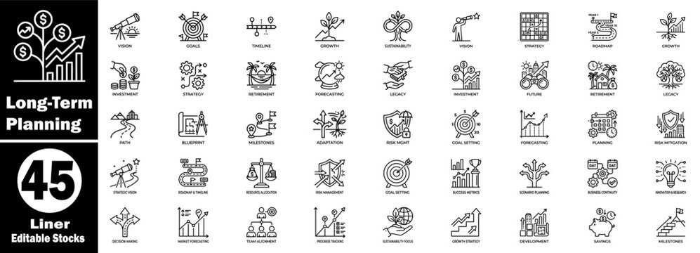 Long-term planning liner icons set. Perfect for business strategy and financial foresight designs.
