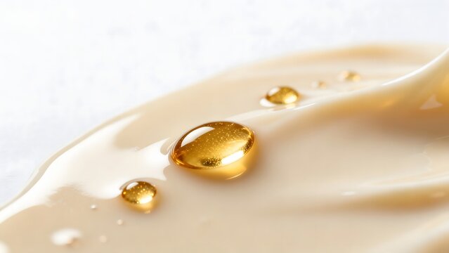 Closeup of liquid droplets on creamy surface