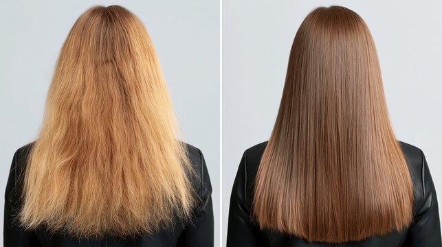 Hair transformation before and after treatment with keratin straightener and smooth shiny result