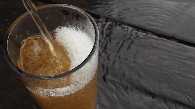 Cinematic Pour of Cold Craft Beer into Glass on Dark Rustic Wood
