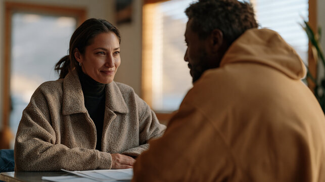 Female probation officer and her male client sit across from each other at a metal table in a county resource office, papers spread between them, the second chance life moment made institutional and