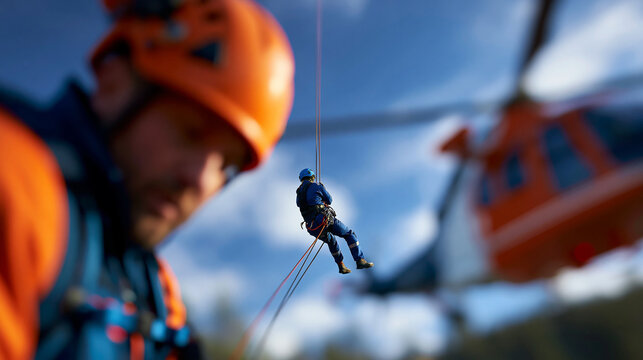 Defocused faceless rescuer being winched up on rope under helicopter, soft focus aerial rescue, emergency hoist operation, helicopter extraction, blurred motion rescue, dramatic