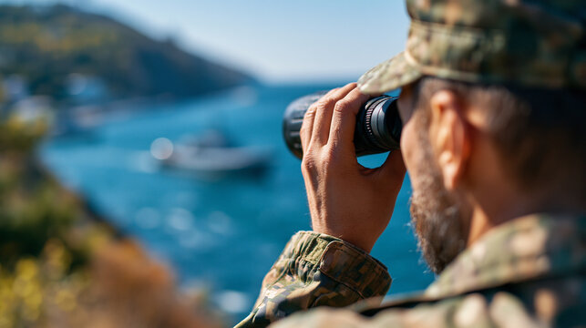 Faceless person observes military operation on sunny day by coast, coastal surveillance, maritime observation, tactical monitoring, seaside military activity, strategic oversight,