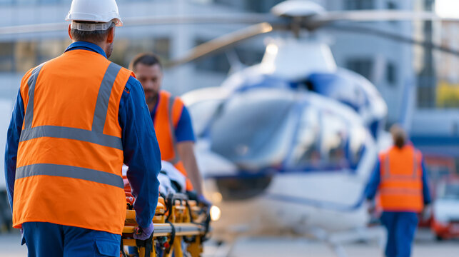 Faceless emergency medical helicopter crew loading patient stretcher onboard, medical evacuation, patient transfer, emergency transport, airborne medical care, critical care