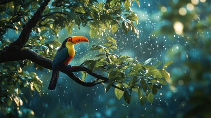 Obraz premium Toucan in rainforest during rain. Beautiful wildlife