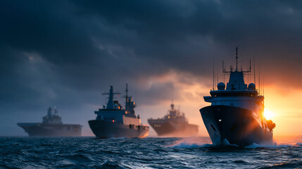 Fototapeta premium Naval fleet maneuvering under dramatic clouds at sunset ocean, maritime operations, sea-based forces, strategic positioning, warship formation, oceanic deployment, naval power