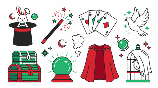 An illustration of magic tricks on a table with cards and crystal ball