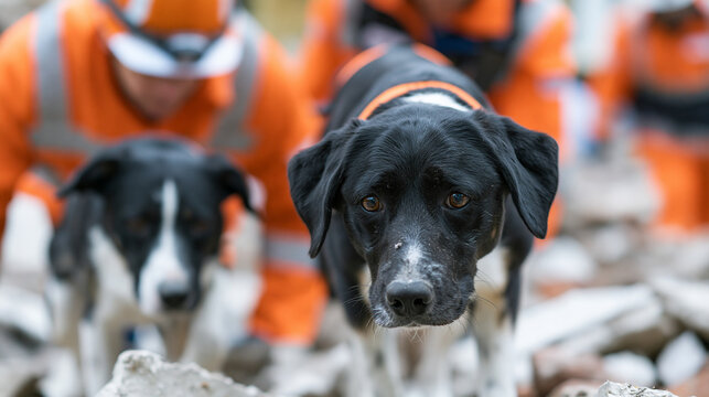 Faceless search and rescue dogs with handlers searching earthquake rubble, K9 rescue unit, disaster dog team, search operation, seismic emergency, professional rescue animals,