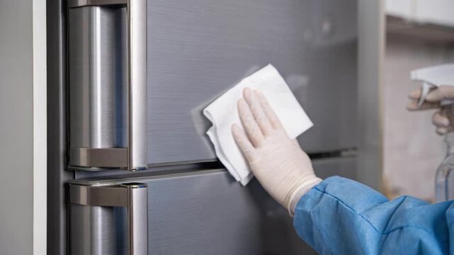 A person wearing gloves and protective gear sanitizes a refrigerator door with a spray cleaner.