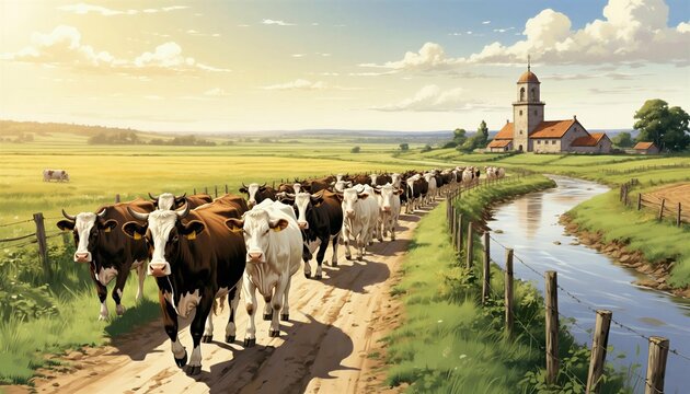 The green rhythm of the village: a herd against the backdrop of a summer sky