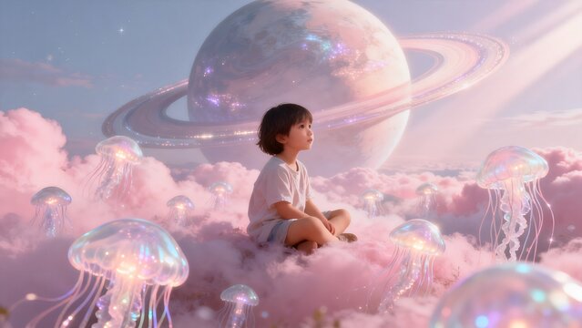 Child sitting on clouds with jellyfish and planet