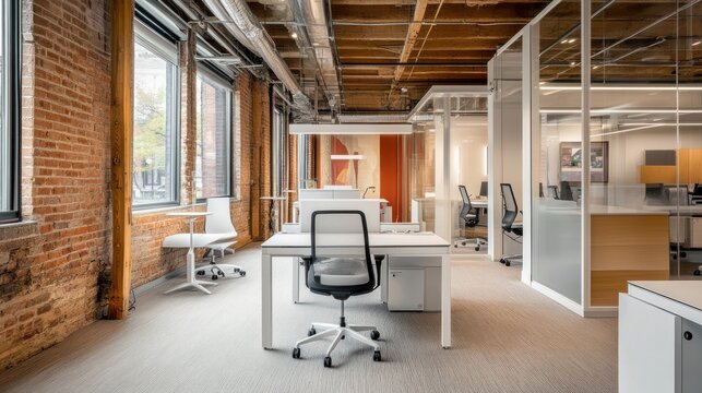 Modern office space, open plan, exposed brick, city view. Ideal for showcasing contemporary workspace design