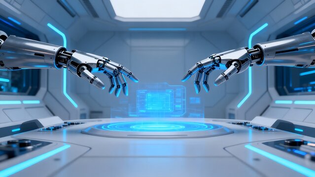 Futuristic robotic hands interacting with hologram