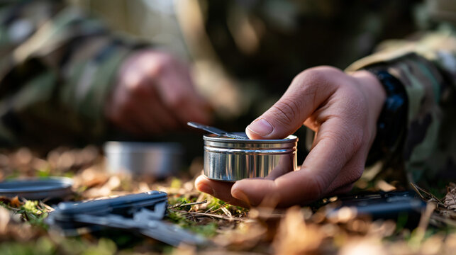 Faceless soldier opening rations can with multi-tool on training ground, military packaging, meal preparation outdoors, field nutrition, tactical equipment, survival food, combat
