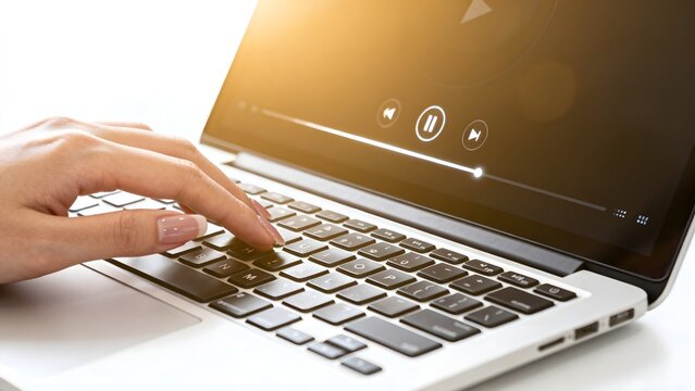 Hand typing on laptop keyboard with media player