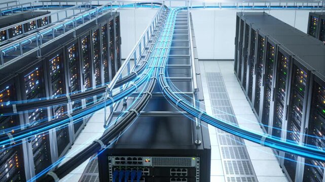 A high-angle view of a modern server room with glowing blue data cables connecting server racks.